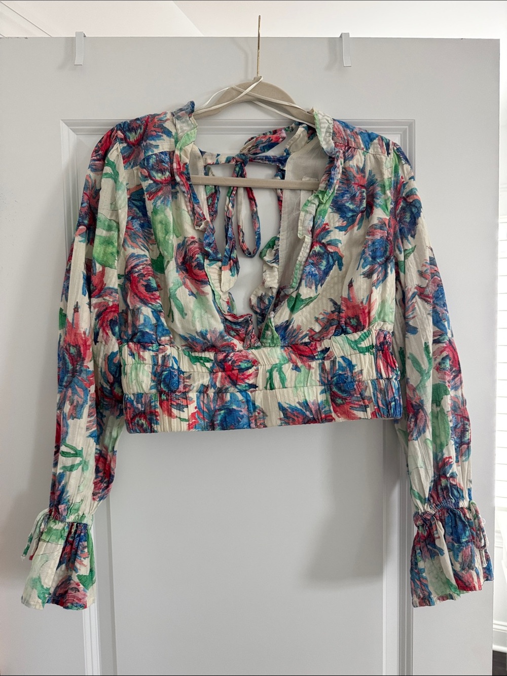 Anthropologie White Floral Tie-Back Cropped Blouse - Blue Green Pink Accents